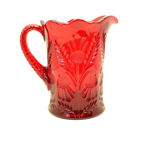 MOSSER RUBY RED GLASS PITCHER & (2) TUMBLERS INVERTED THISTLE PATTERN VINTAGE - Picture 8 of 10